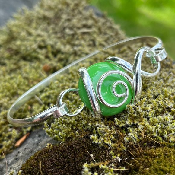 Artisan Jewelry - Silver Cuff Bracelet with Green Blown Glass
